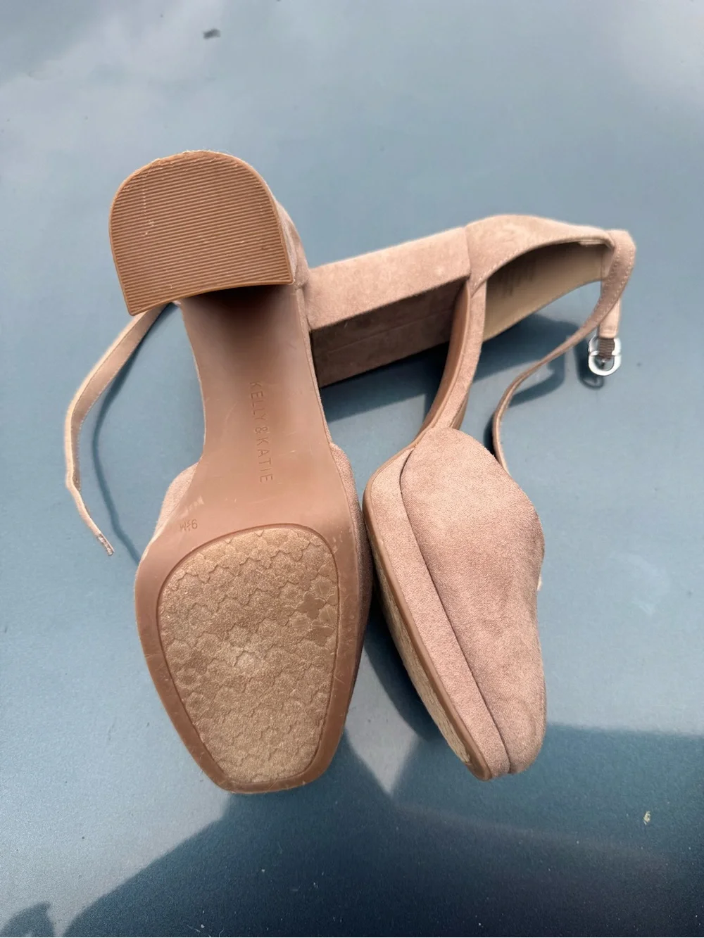 Kelly & Katie Dusty Taupe Suede Block Heel Ankle Strap Pumps